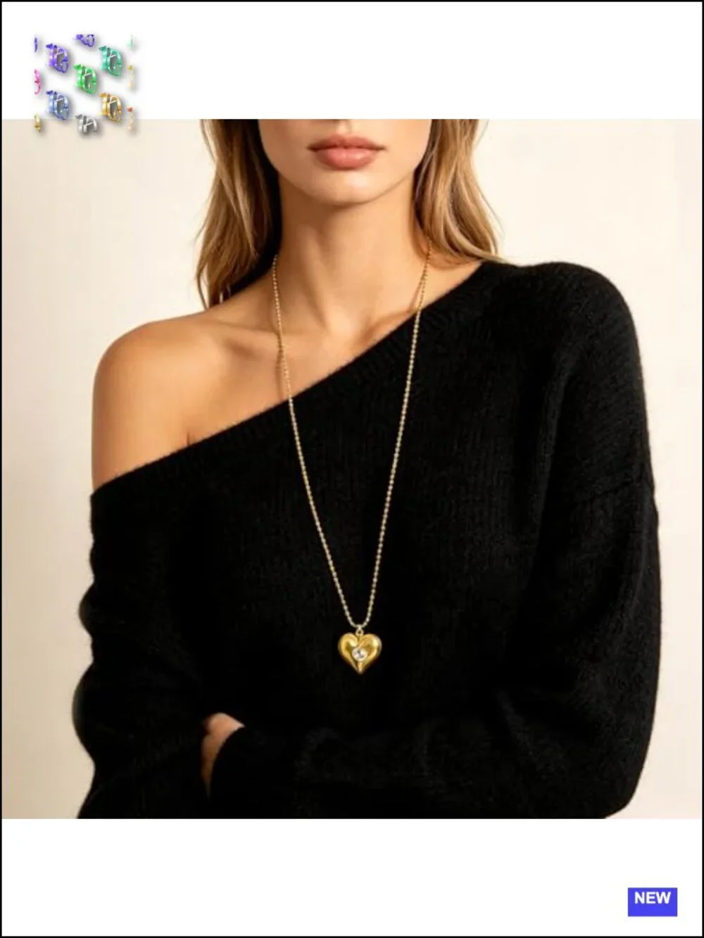 Long Gold Plated Heart Pendant Beaded Ball Chain Necklace 32 inches
